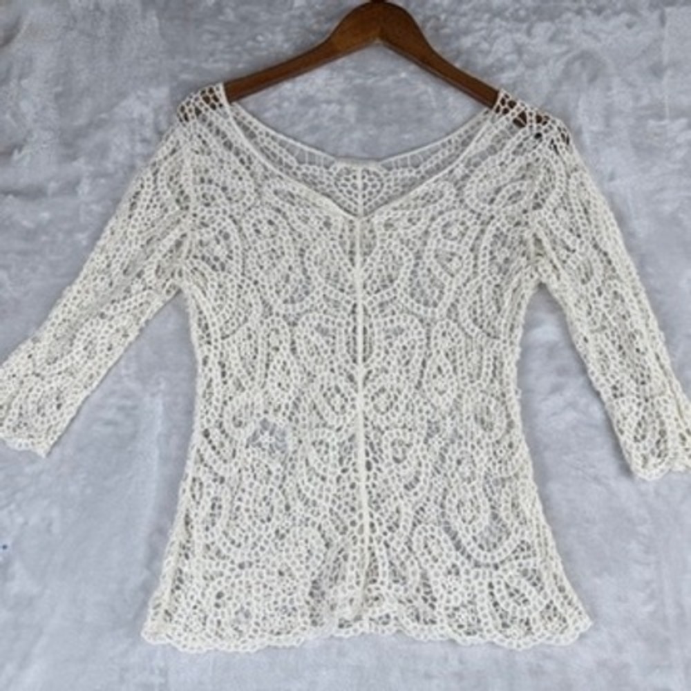 crochet indie Boho Revival ADIVA Cream Crochet Lace Knit Bell Sleeve‎ Top Small